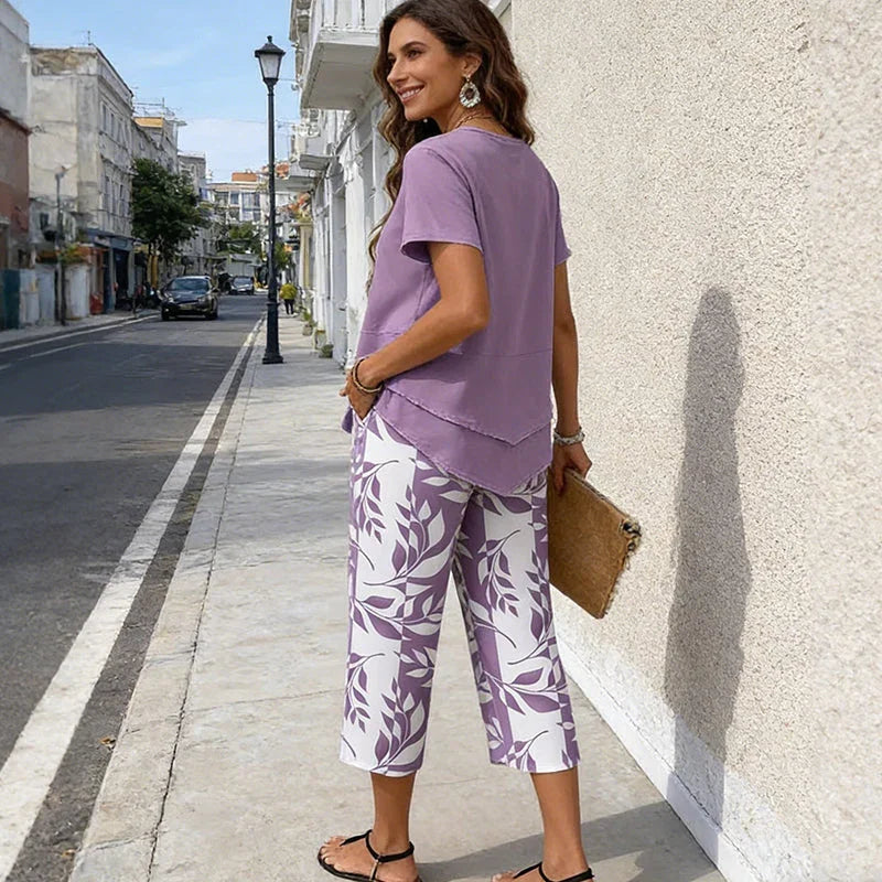 🥳SUMMER HOT SALE🥳💞50K+ SOLD!💥50% OFF! 🔥Casual Round Neck Layered Tunic Top and Wide Leg Pants Set