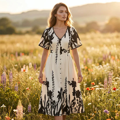 👗50% OFF NOW!🌸Women's Botanical Print Midi Dress – V-Neck, A-Line & Flutter Sleeves🌿