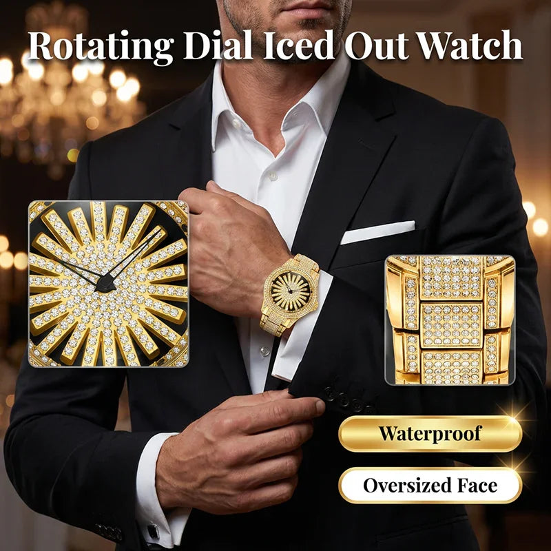 ⌚ LIMITED TIME: 50% OFF! 🔥 Men's Iced-Out Watch with Rotating Dial – Sparkling Crystals, Precise Quartz & Butterfly Clasp ✨