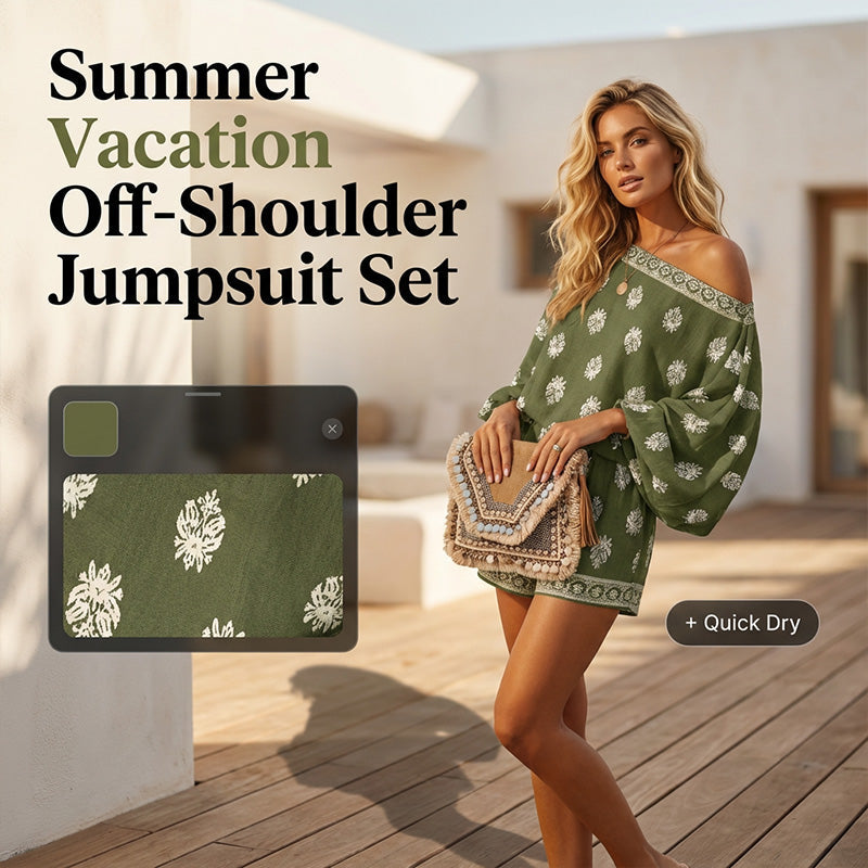 🌴50% OFF NOW!👙 Bohemian Off-Shoulder Jumpsuit Set – Vintage Print & Pockets – Relaxed Vacation Romper 📸