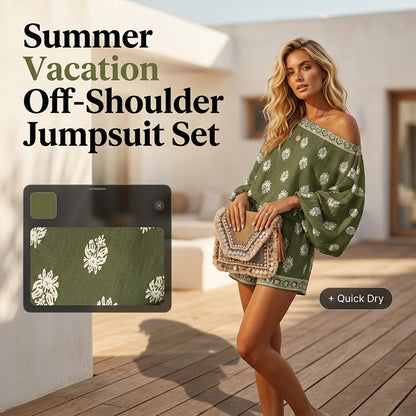 🌴50% OFF NOW!👙 Bohemian Off-Shoulder Jumpsuit Set – Vintage Print & Pockets – Relaxed Vacation Romper 📸