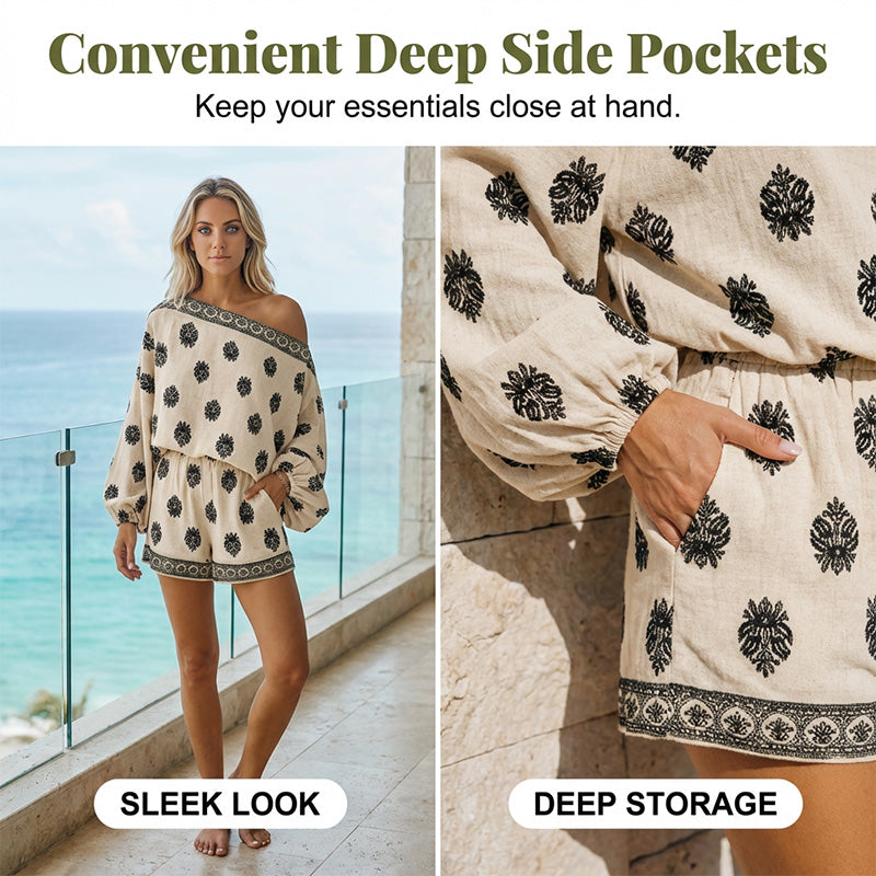 🌴50% OFF NOW!👙 Bohemian Off-Shoulder Jumpsuit Set – Vintage Print & Pockets – Relaxed Vacation Romper 📸