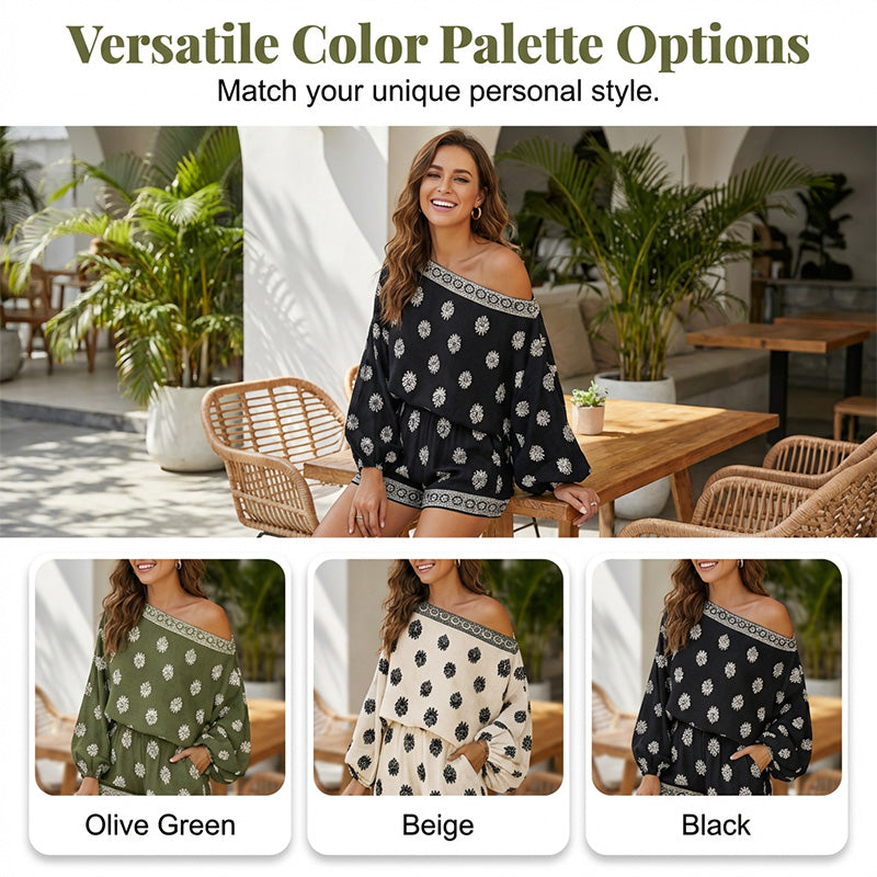 🌴50% OFF NOW!👙 Bohemian Off-Shoulder Jumpsuit Set – Vintage Print & Pockets – Relaxed Vacation Romper 📸
