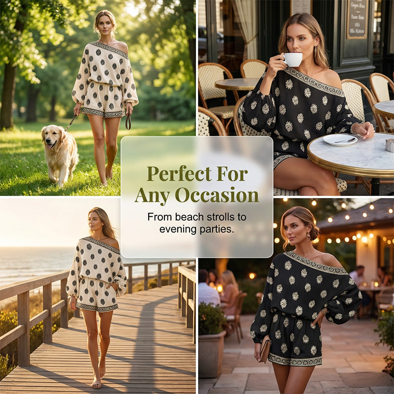 🌴50% OFF NOW!👙 Bohemian Off-Shoulder Jumpsuit Set – Vintage Print & Pockets – Relaxed Vacation Romper 📸
