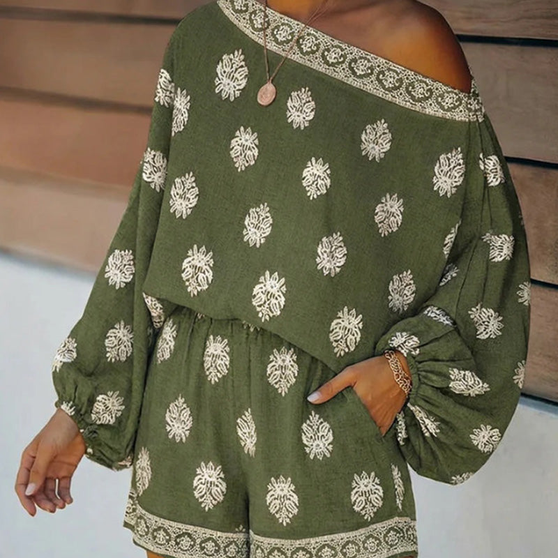 🌴50% OFF NOW!👙 Bohemian Off-Shoulder Jumpsuit Set – Vintage Print & Pockets – Relaxed Vacation Romper 📸