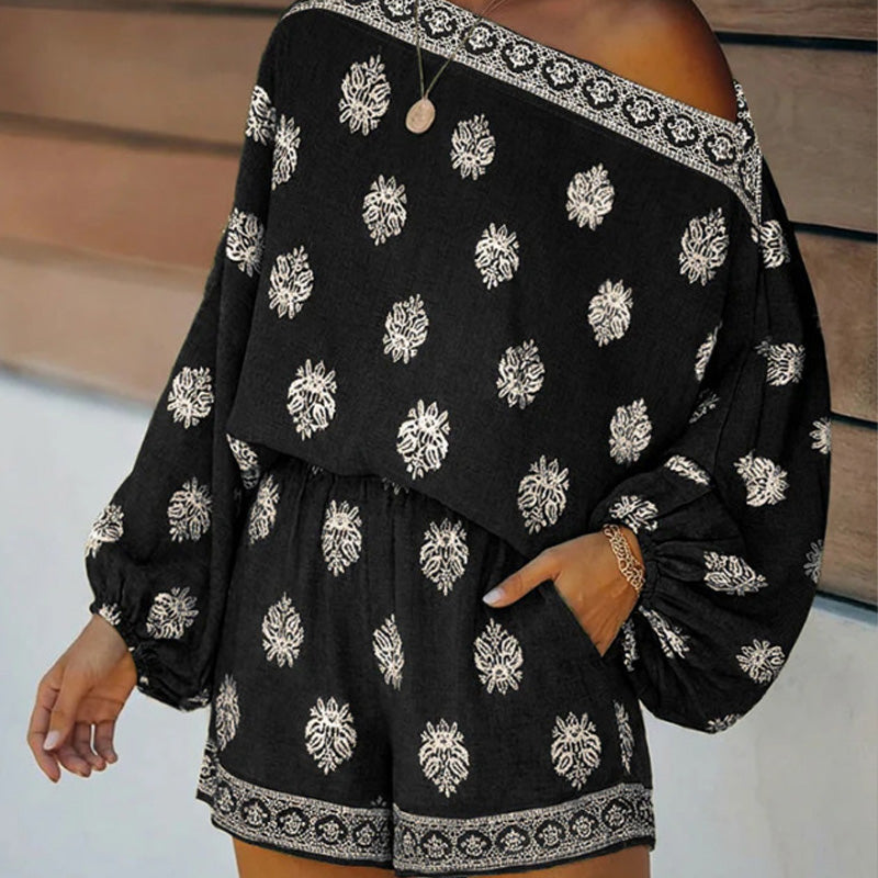 🌴50% OFF NOW!👙 Bohemian Off-Shoulder Jumpsuit Set – Vintage Print & Pockets – Relaxed Vacation Romper 📸