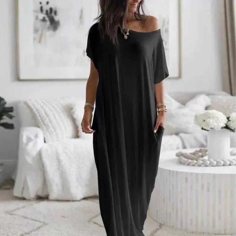 Women's Summer Casual Loose Solid Color Short-Sleeve Long Dress