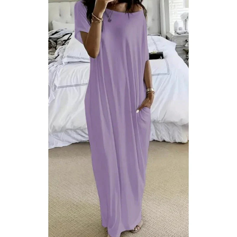Women's Summer Casual Loose Solid Color Short-Sleeve Long Dress