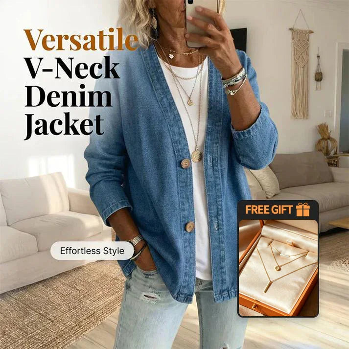 ✨ Women's Classic Button Front Denim Jacket – V-Neck, Breathable Fabric & Relaxed Fit 💙