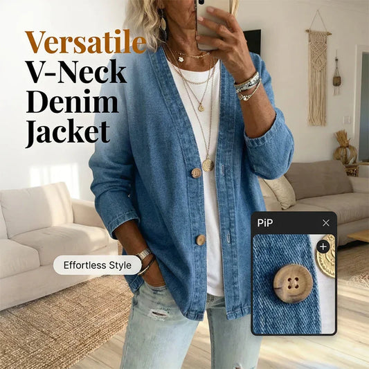 ✨ Women's Classic Button Front Denim Jacket – V-Neck, Breathable Fabric & Relaxed Fit 💙