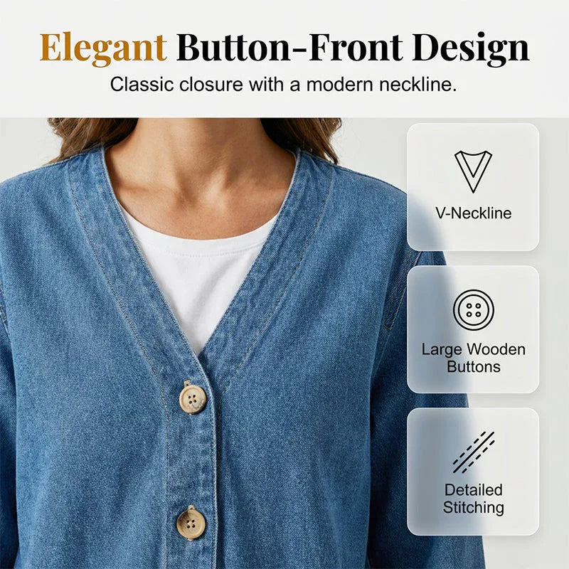 ✨ Women's Classic Button Front Denim Jacket – V-Neck, Breathable Fabric & Relaxed Fit 💙