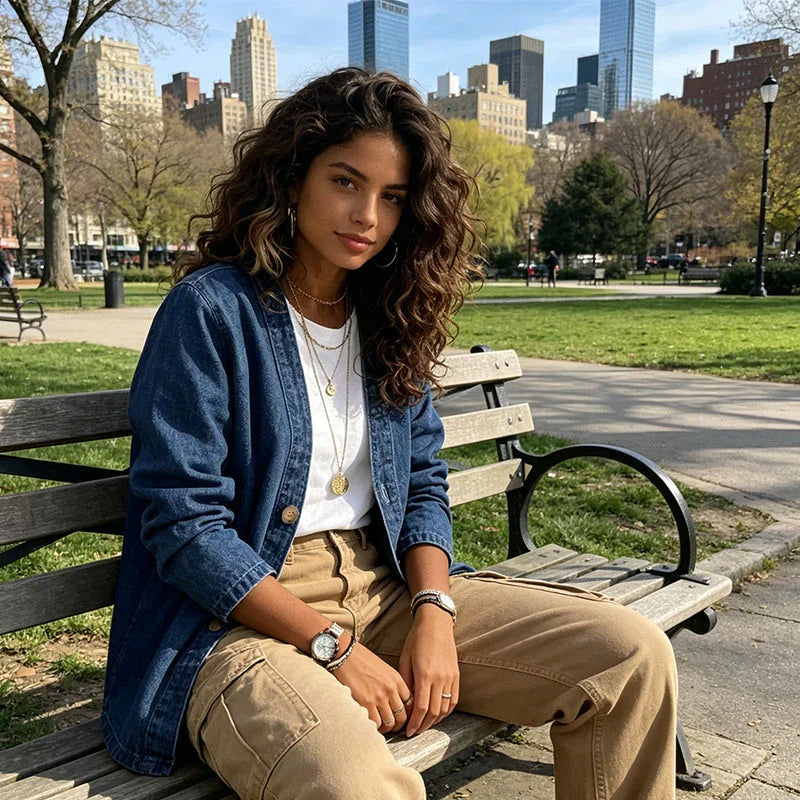 ✨ Women's Classic Button Front Denim Jacket – V-Neck, Breathable Fabric & Relaxed Fit 💙