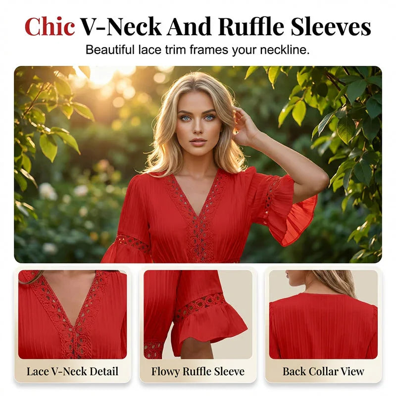 🌸Chic V-Neck Dress with Lace Cutout Details✨ Step Into Summer In Style