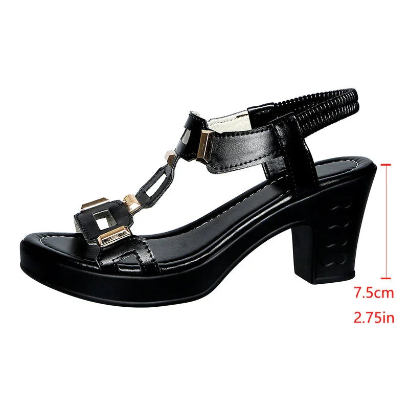 👡 50% OFF NOW! ✨ Women's Chunky Heel T-Strap Sandals – Elastic Slingback, Cushioned Platform & Metallic T-Strap – Day to Night Comfort 💃