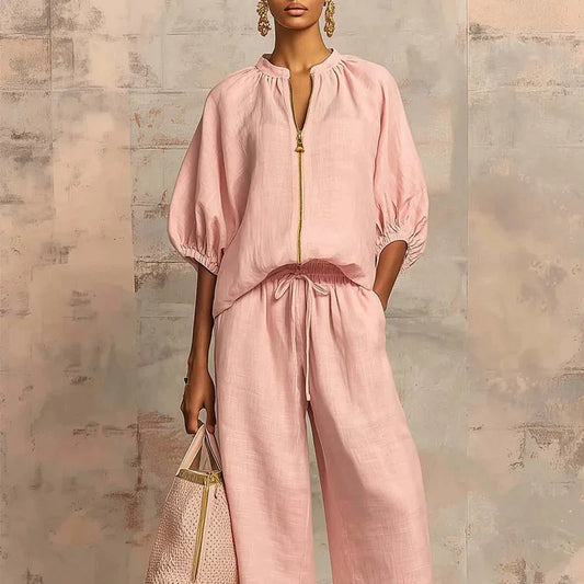 👚 LIMITED-TIME 50% OFF! 👖 Women's Solid Color 2-Piece Tracksuit – Puff Sleeve, Wide Leg, Zipper Detail ✨