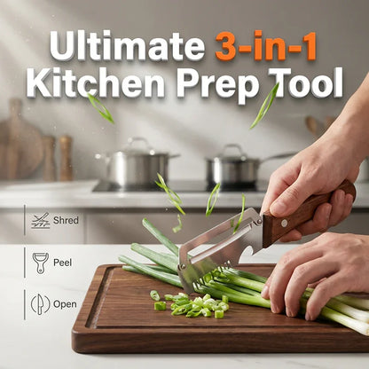 ⏰🔥LIMITED TIME 50% OFF!🔥50K+ SOLD!3-in-1 Scallion Shredder & Peeler – Stainless Steel, Multi-Tool, Wood Handle ✨