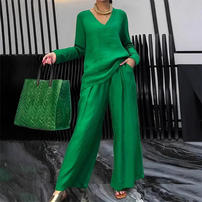 ✨ NEW! Women's V-Neck Lounge Set with Wide-Leg Pants