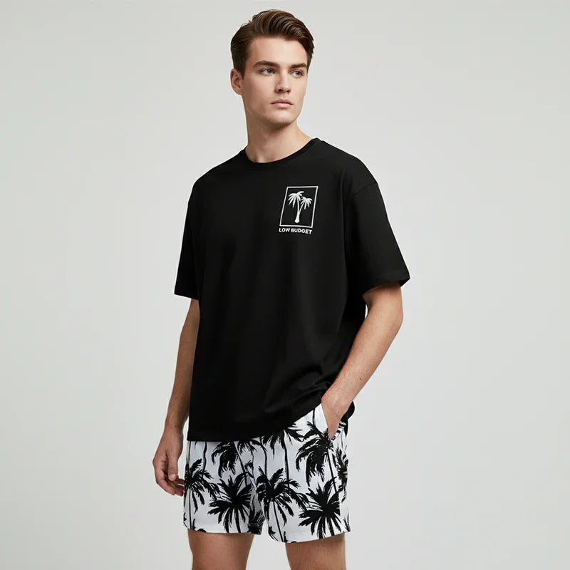 👕 LIMITED-TIME 50% OFF! 🌴 Men's Palm Print 2-Piece Set – T-Shirt & Shorts, Breathable, Relaxed Fit, Drawstring Waist 🏖️