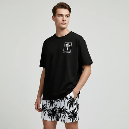 👕 LIMITED-TIME 50% OFF! 🌴 Men's Palm Print 2-Piece Set – T-Shirt & Shorts, Breathable, Relaxed Fit, Drawstring Waist 🏖️