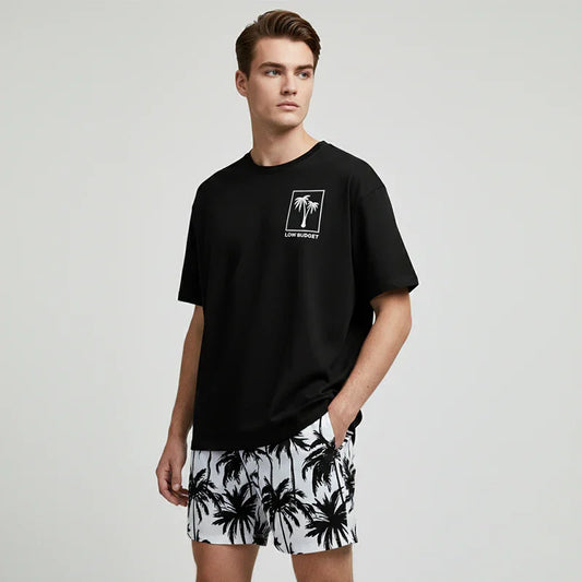👕 LIMITED-TIME 50% OFF! 🌴 Men's Palm Print 2-Piece Set – T-Shirt & Shorts, Breathable, Relaxed Fit, Drawstring Waist 🏖️