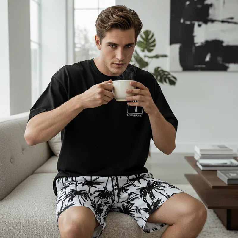 👕 LIMITED-TIME 50% OFF! 🌴 Men's Palm Print 2-Piece Set – T-Shirt & Shorts, Breathable, Relaxed Fit, Drawstring Waist 🏖️