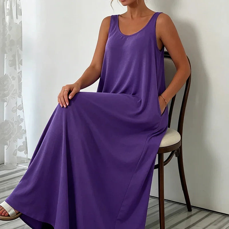 👗 LIMITED-TIME 50% OFF! ✨ Women's Sleeveless Maxi Dress – Solid Color, Side Pockets, A-Line, Durable Polyester 🌸