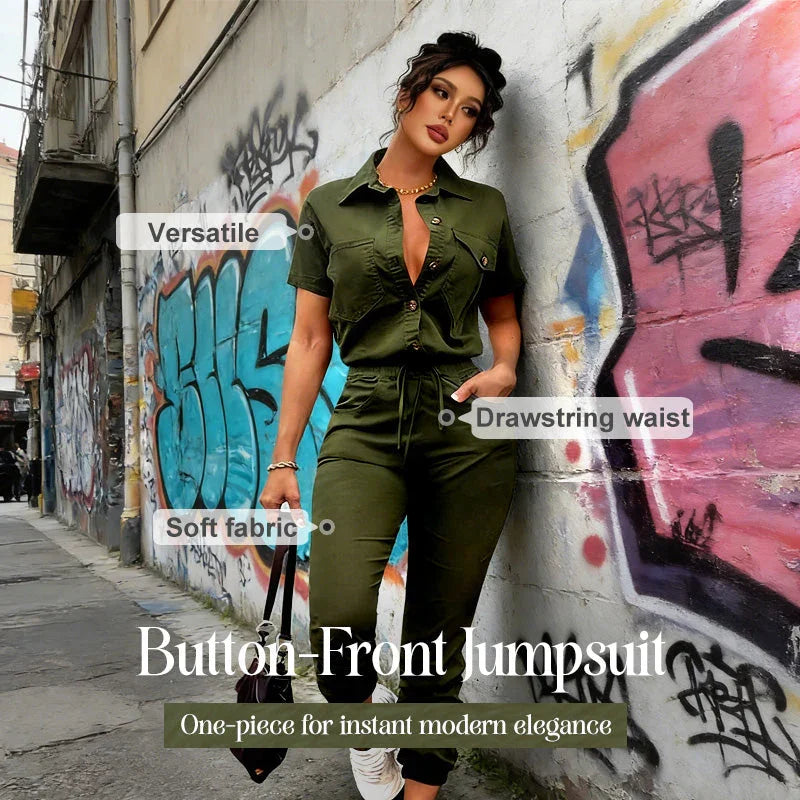 🥳2026 HOT SALE🥳💞50K+ SOLD!Women's Short Sleeve Button-Front Jumpsuit
