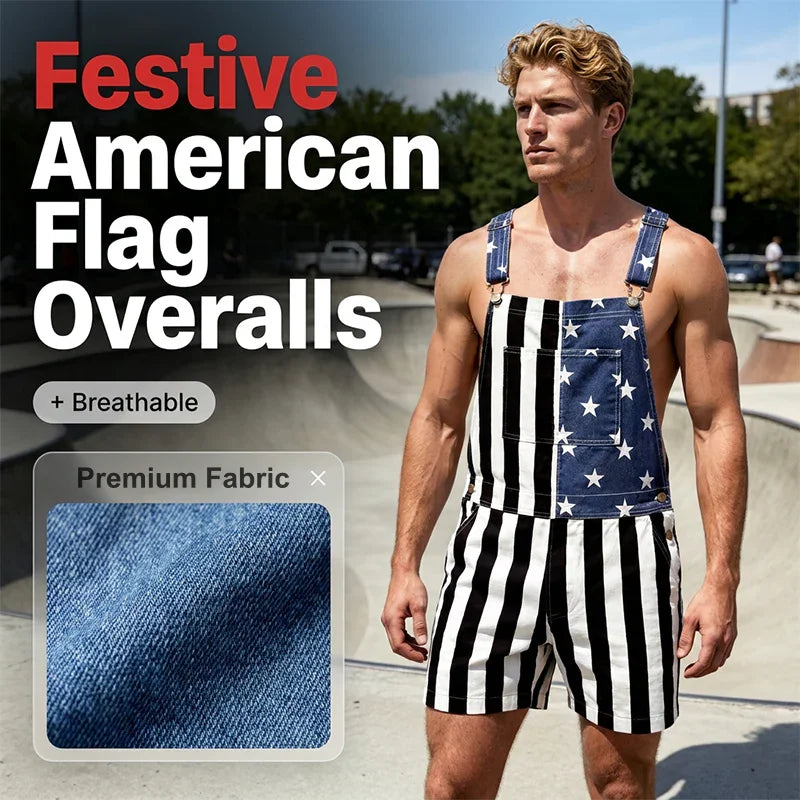 👖 50% OFF NOW! 💪 American Flag Overalls Shorts – Unisex Denim, Adjustable Straps & Patriotic Design – Perfect for Holidays 🎆