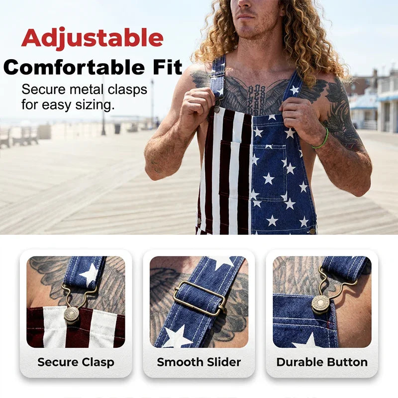 👖 50% OFF NOW! 💪 American Flag Overalls Shorts – Unisex Denim, Adjustable Straps & Patriotic Design – Perfect for Holidays 🎆