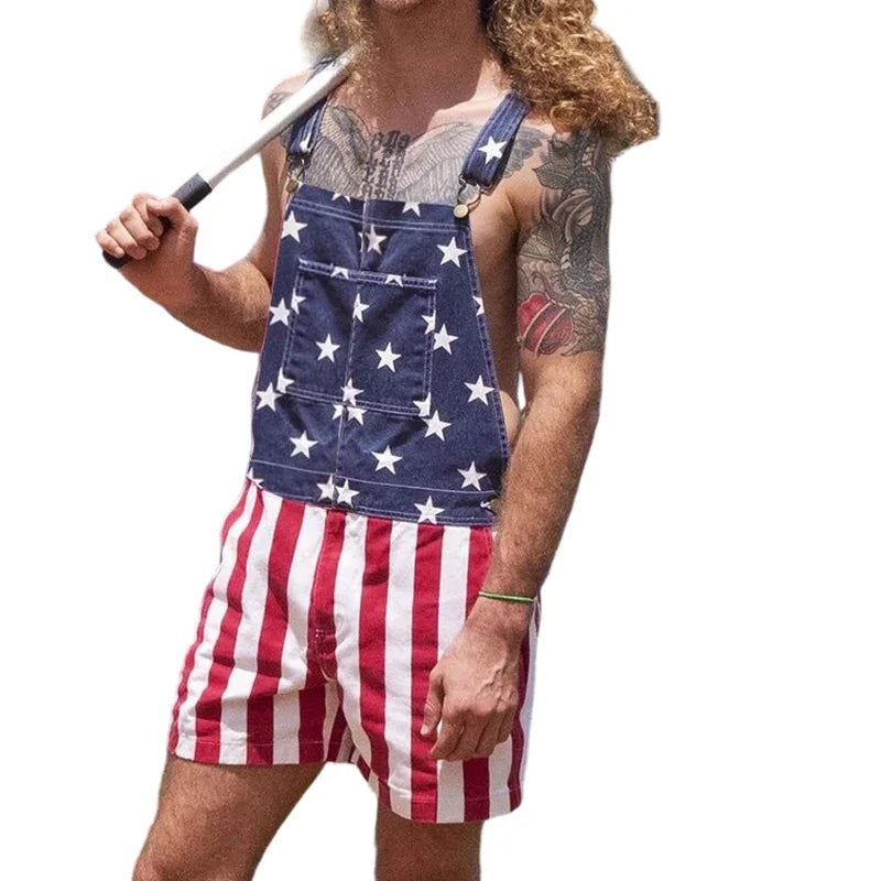 👖 50% OFF NOW! 💪 American Flag Overalls Shorts – Unisex Denim, Adjustable Straps & Patriotic Design – Perfect for Holidays 🎆