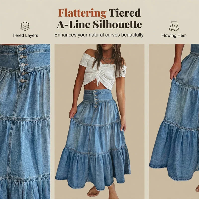 👗 LIMITED-TIME 40% OFF! ✨ Denim Maxi Skirt – High Waist, Tiered, A-Line, Button Front ✨