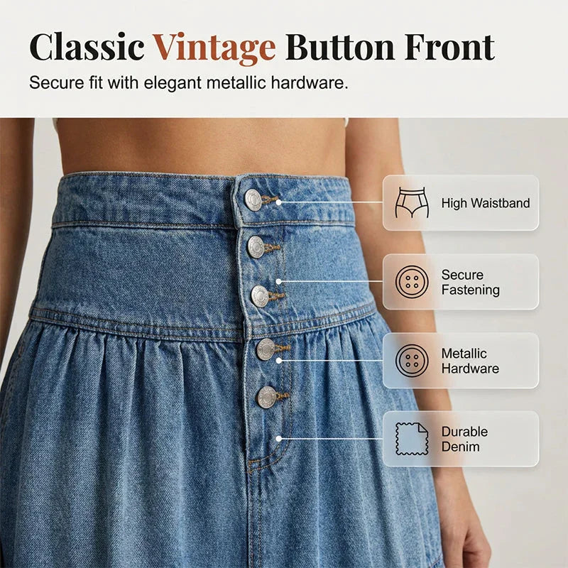 👗 LIMITED-TIME 40% OFF! ✨ Denim Maxi Skirt – High Waist, Tiered, A-Line, Button Front ✨