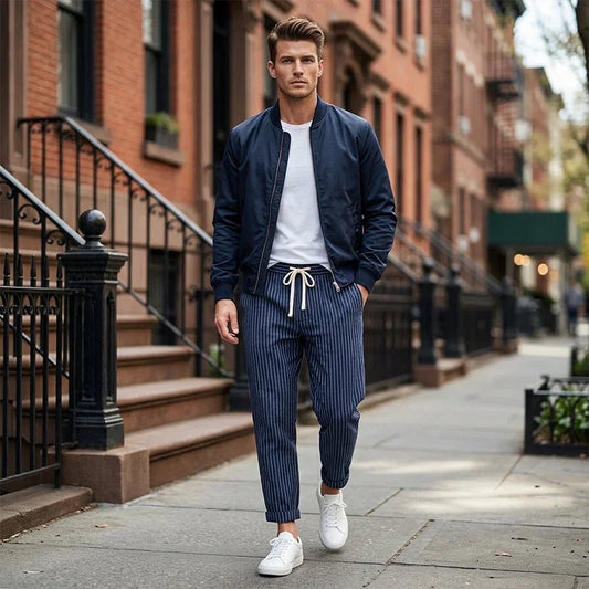 👖 50% OFF NOW! 🌿 Men's Linen Pants – Striped & Cropped – Elastic Waist & Drawstring – Breathable Summer Trousers 🏖️