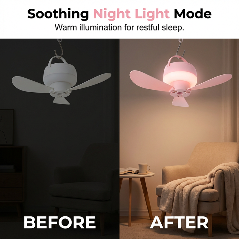 🥳2026 HOT SALE🥳💞50K+ SOLD!🏕️💤 50% OFF! Rechargeable Hanging Fan with LED Light – Silent breeze, soft night glow. Hooks anywhere, 1.5m cord. Sleep cool under canvas! 🌙✨