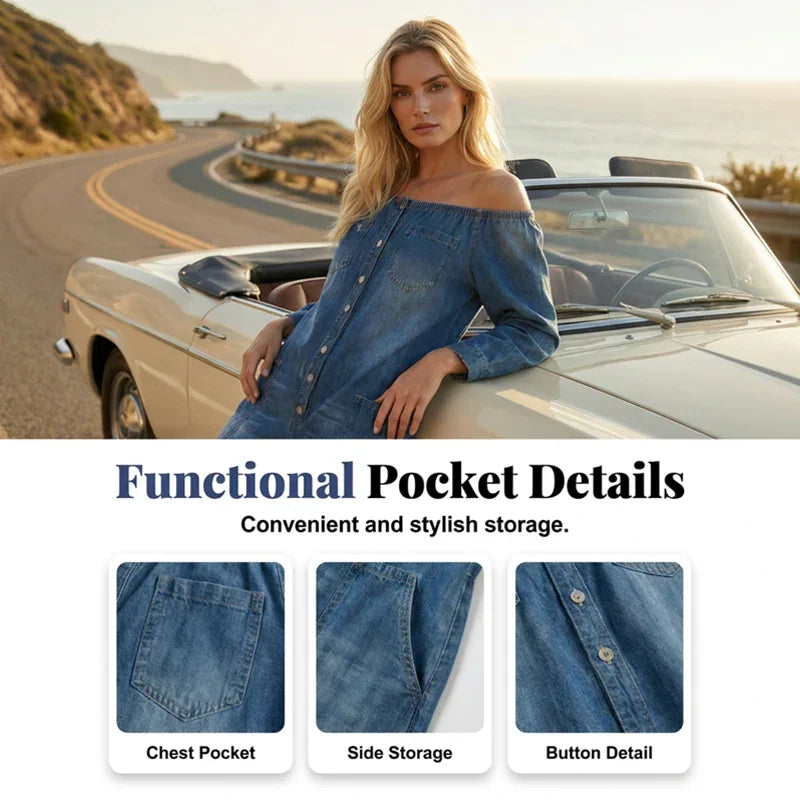 📢📢40% OFF !! ⏰Off-Shoulder Wide-Leg Denim Jumpsuit