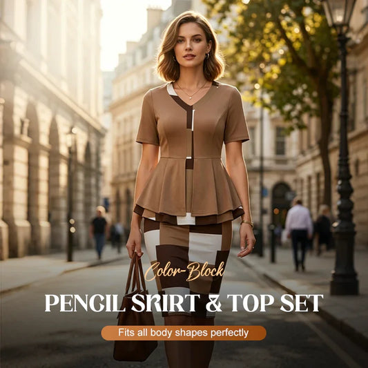 👗 50% OFF NOW! 🎨 Color Block Pencil Skirt & Top Set – Figure-Flattering, Chic & Perfect for Office, Dinner & Special Occasions – Versatile 2-Piece ✨