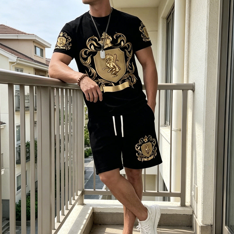 🖤👕🩳 50% OFF Men’s Gold Crest T-Shirt & Shorts Set✨ – Luxury Print, Breathable Comfort & Instant Summer Style