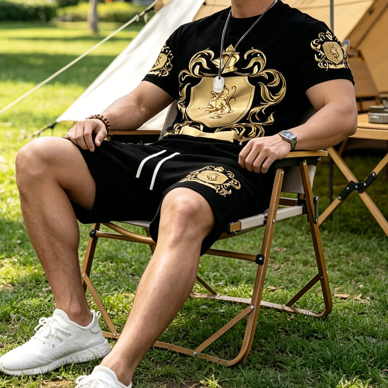 🖤👕🩳 50% OFF Men’s Gold Crest T-Shirt & Shorts Set✨ – Luxury Print, Breathable Comfort & Instant Summer Style
