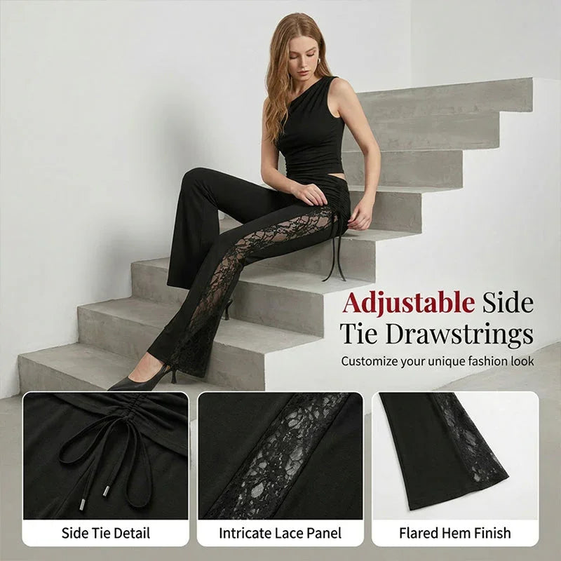 👖 50% OFF NOW!🌸 Women's Ruched Lace Panel Flare Pants – Elegant & Slimming – Stretchy Wide Leg Trousers 💃