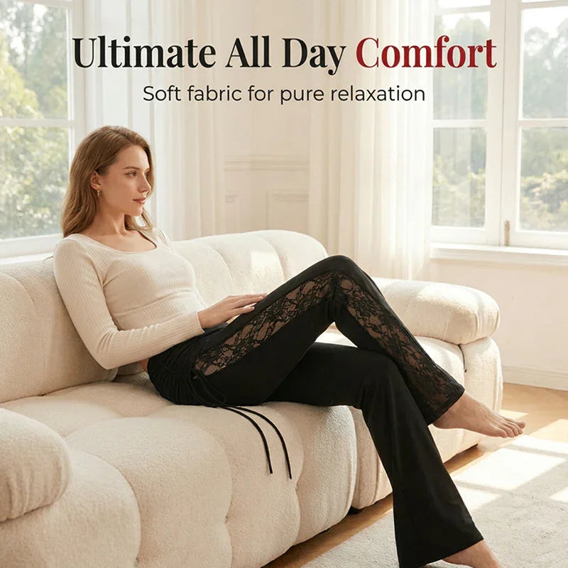 👖 50% OFF NOW!🌸 Women's Ruched Lace Panel Flare Pants – Elegant & Slimming – Stretchy Wide Leg Trousers 💃