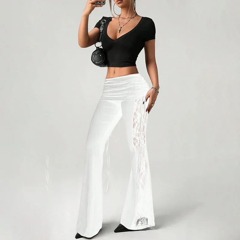 👖 50% OFF NOW!🌸 Women's Ruched Lace Panel Flare Pants – Elegant & Slimming – Stretchy Wide Leg Trousers 💃