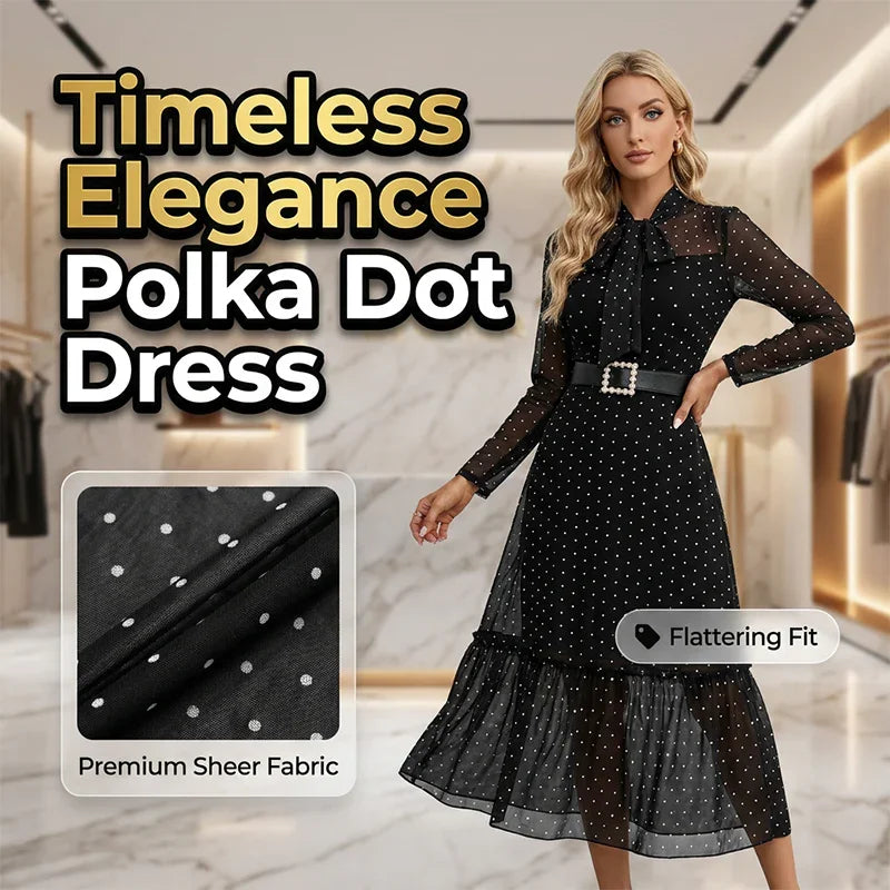 ⏰🔥LIMITED TIME 50% OFF!🔥50K+ SOLD!Elegant Polka Dot Tie-Neck Midi Dress 