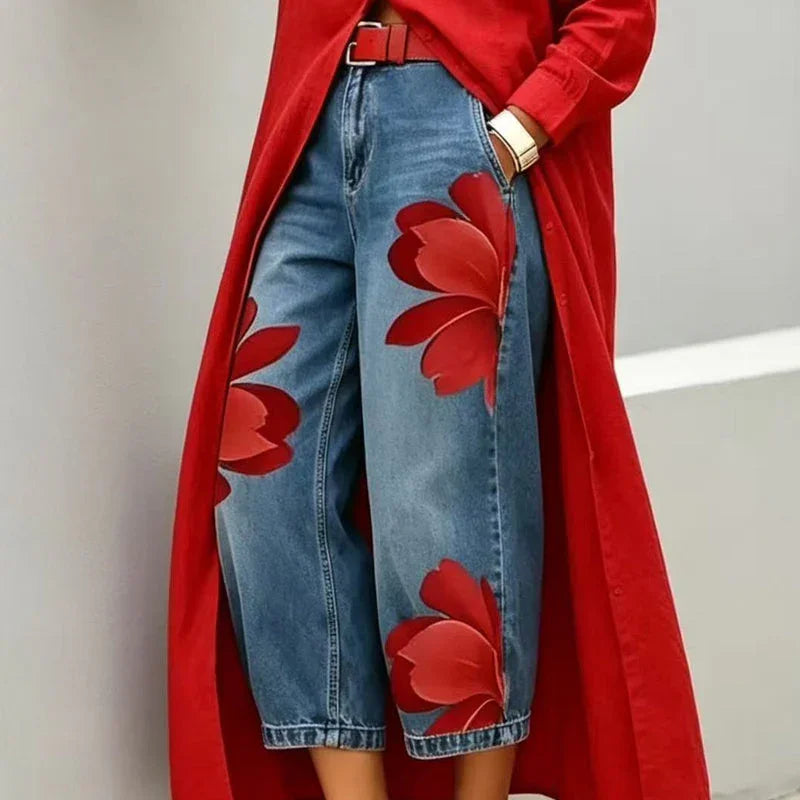 👖 LIMITED-TIME 50% OFF! ✨ Women's Floral Wide-Leg Jeans – Unique Appliqué, Soft, 6 Colors 🌸