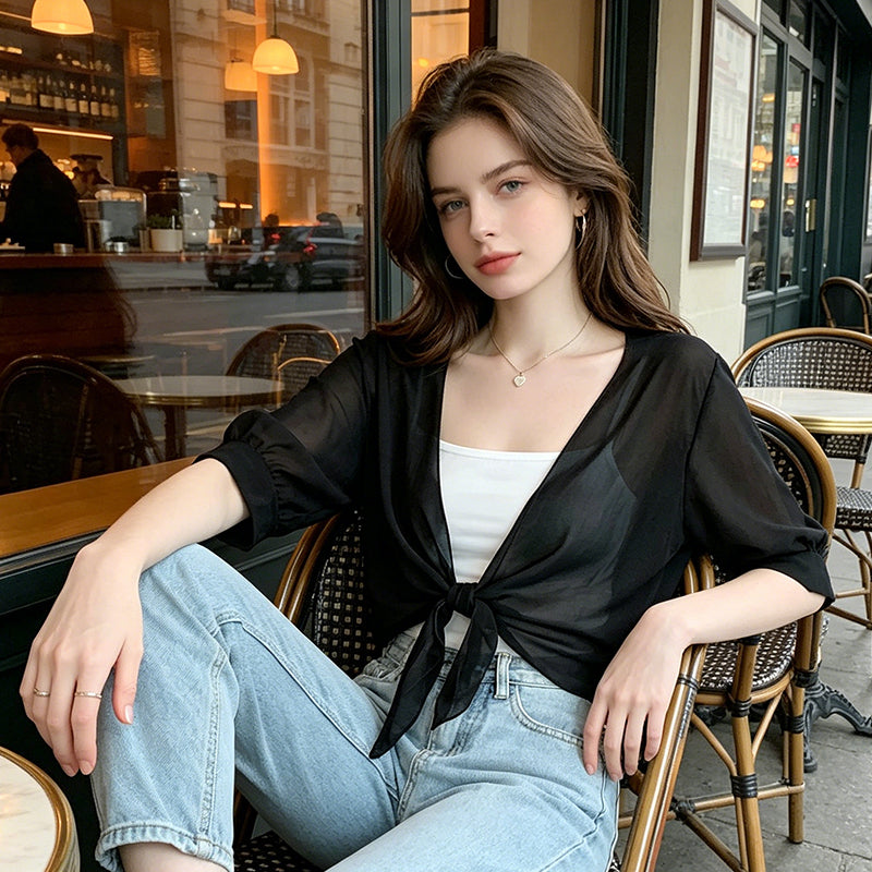 ⏳Limited-time 50% off⏰Women's Chiffon Tie-Front Top – Summer Layering Essential 🍃