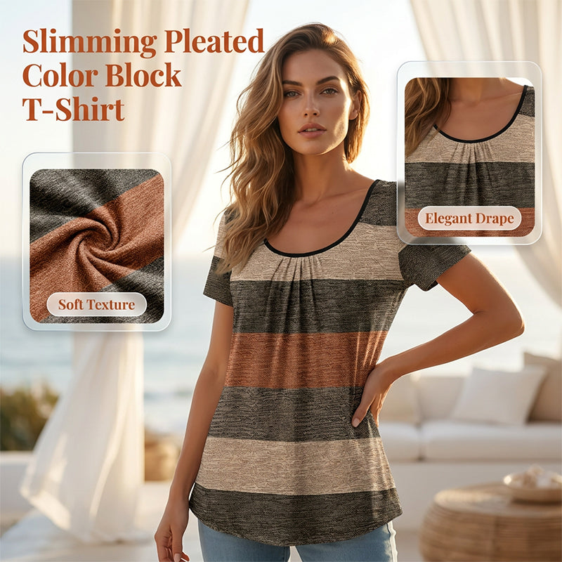 👕 LIMITED-TIME 50% OFF! ✨ Women's Plus Size Pleated T-Shirt – Flowy, Color Block, Chic 💜