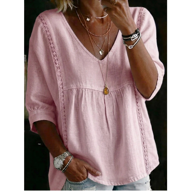 ⏳Time-Limited Special⏰Women’s Lace-Trim V-Neck Top – Bohemian Charm, Empire Waist, 3/4 Sleeves 🌼