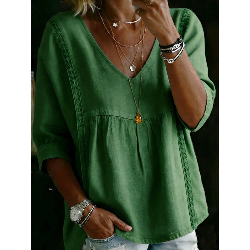 ⏳Time-Limited Special⏰Women’s Lace-Trim V-Neck Top – Bohemian Charm, Empire Waist, 3/4 Sleeves 🌼