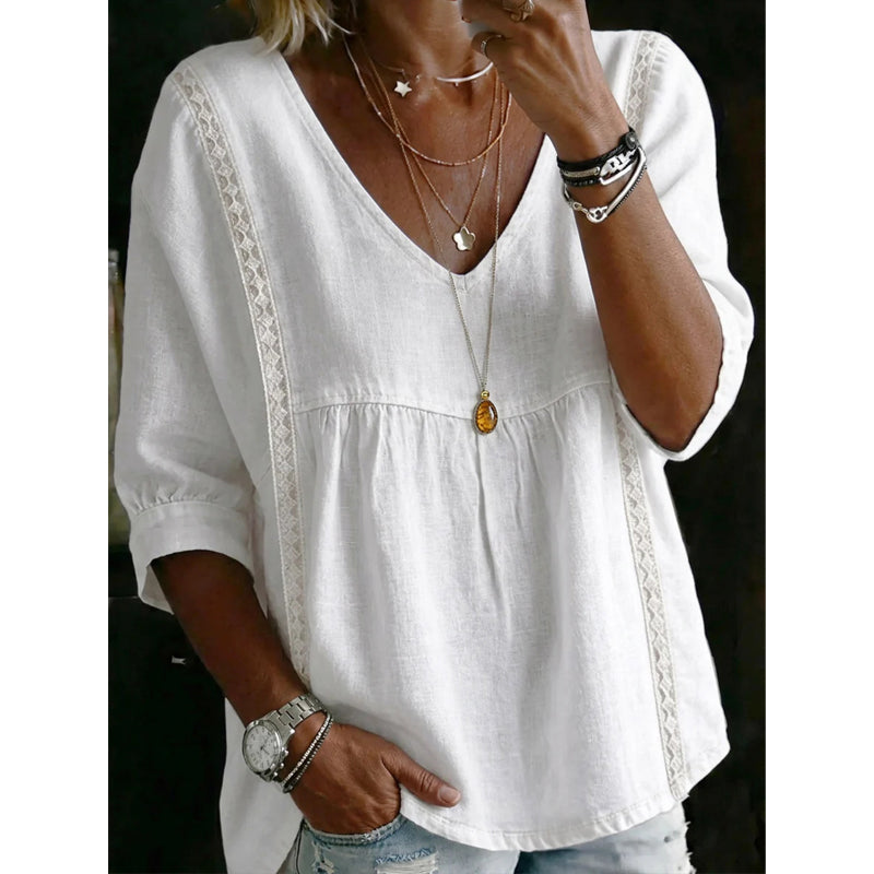 ⏳Time-Limited Special⏰Women’s Lace-Trim V-Neck Top – Bohemian Charm, Empire Waist, 3/4 Sleeves 🌼