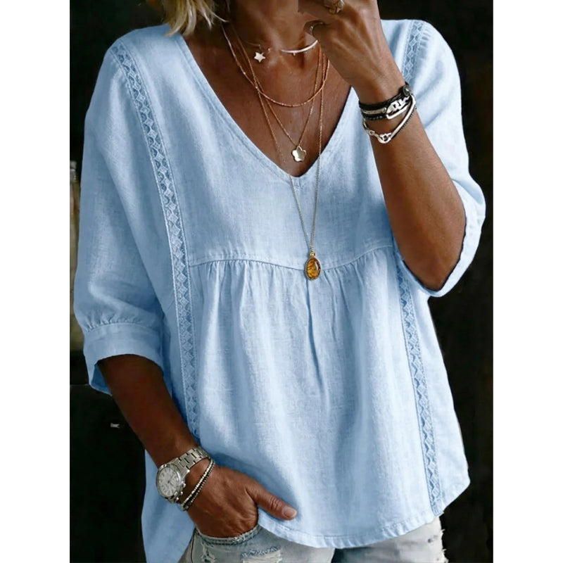 ⏳Time-Limited Special⏰Women’s Lace-Trim V-Neck Top – Bohemian Charm, Empire Waist, 3/4 Sleeves 🌼