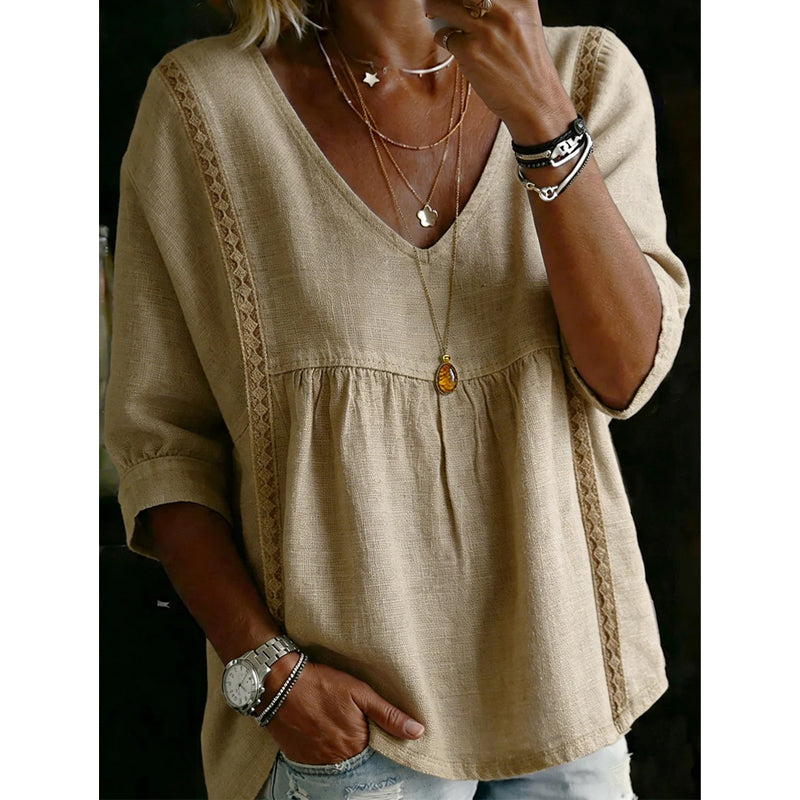 ⏳Time-Limited Special⏰Women’s Lace-Trim V-Neck Top – Bohemian Charm, Empire Waist, 3/4 Sleeves 🌼